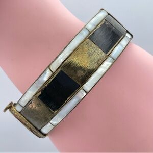 Antique Vintage Gold Tone Wood & Mother of Pearl Hinged Cuff Bracelet